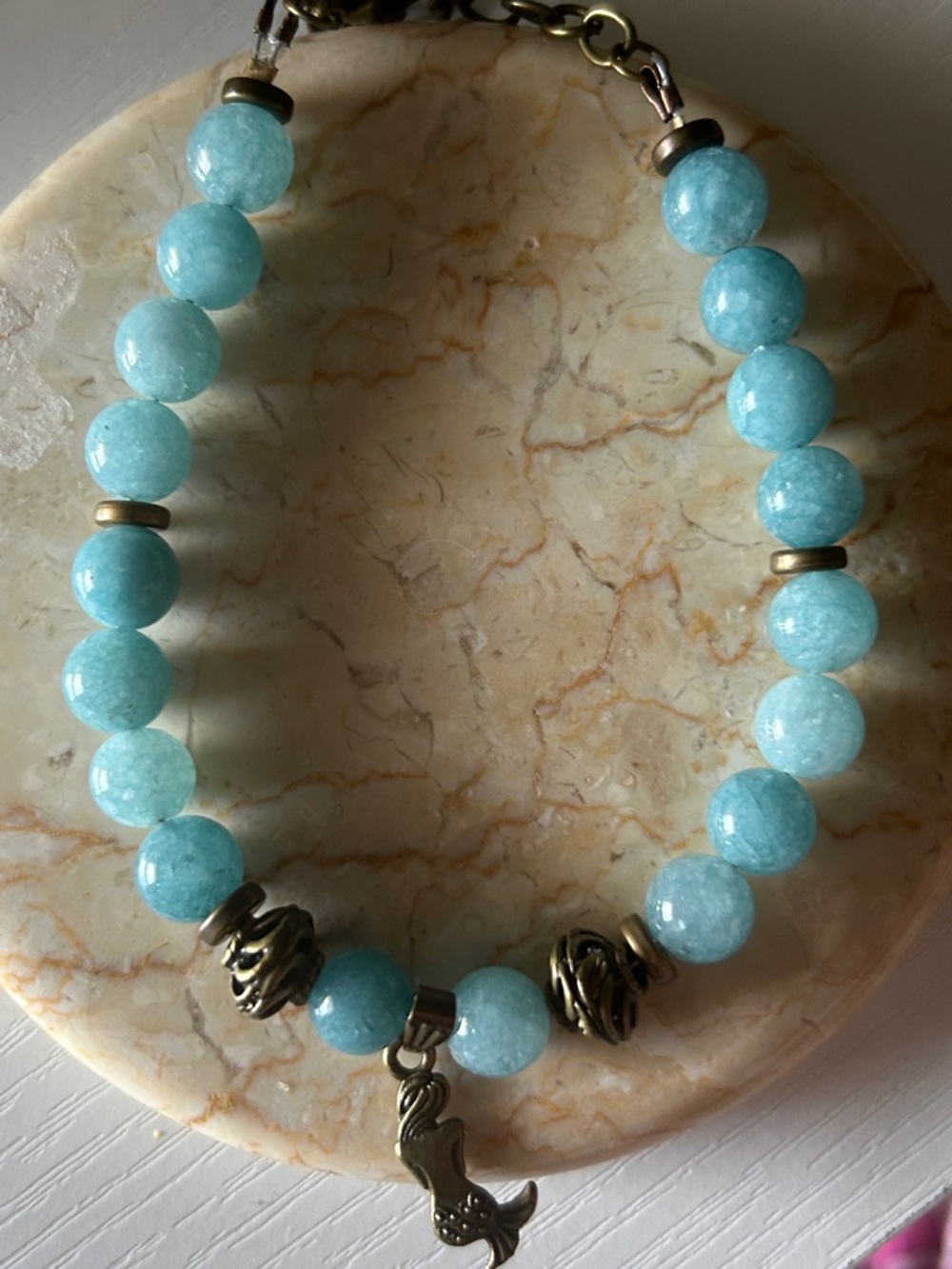 Mermaid Bracelet - Teal dyed quartz beads and bronze accents